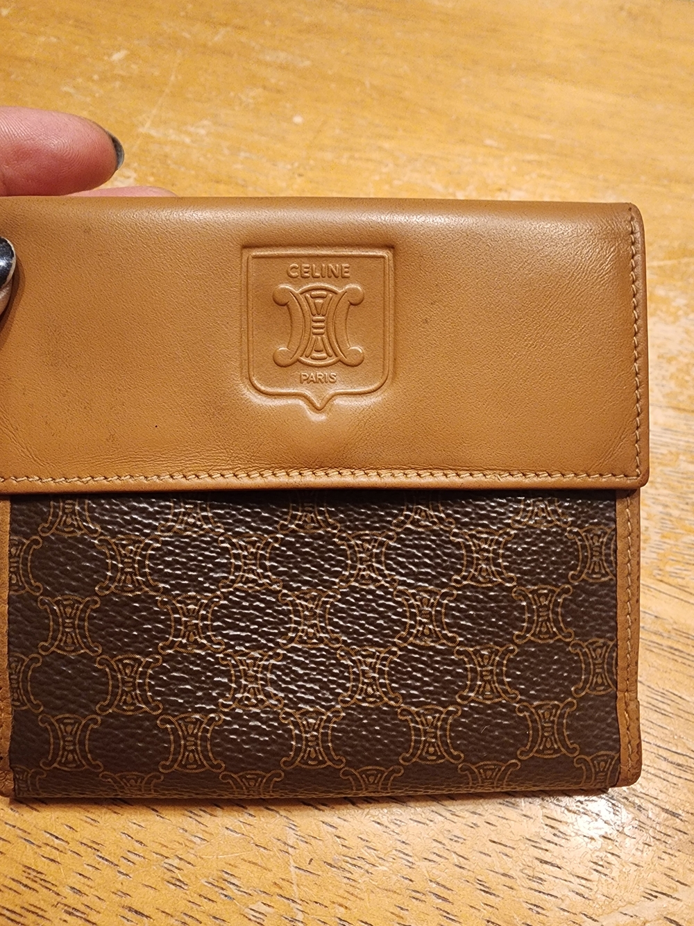 vintage Celine Macadam Wallet features a classic brown monogram coated canvas